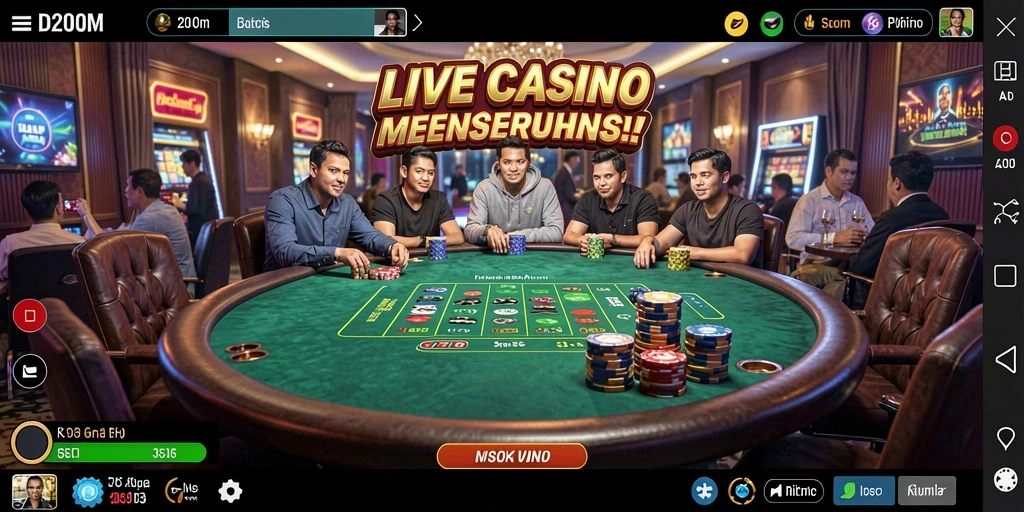 Tangkapan layar D200M yang menunjukkan dealer dan permainan langsung.