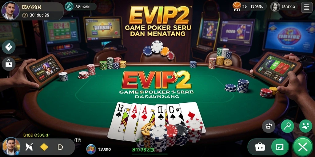 Screenshot utama EVIP2 menampilkan gameplay Poker yang seru.