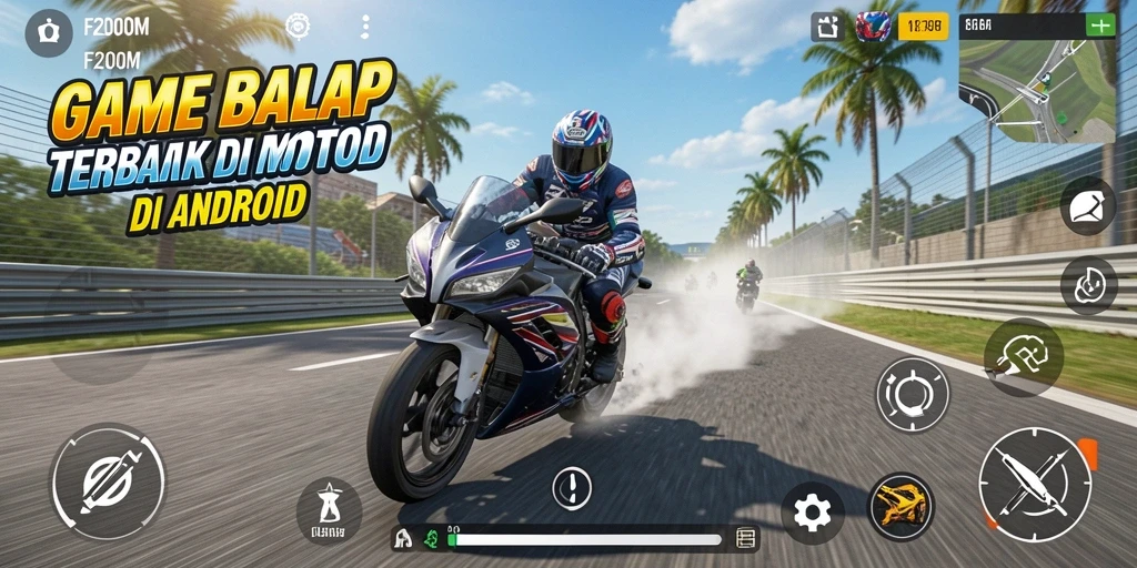 Gameplay F200M dengan grafis balap motor yang memukau.