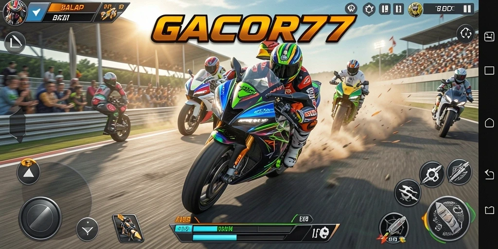 Screenshot gameplay GACOR77 menunjukkan aksi balapan motor yang mendebarkan.