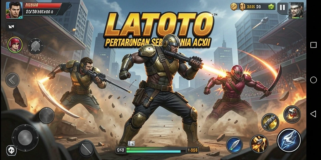 Screenshot utama LATOTO menampilkan aksi pertarungan yang mendebarkan.