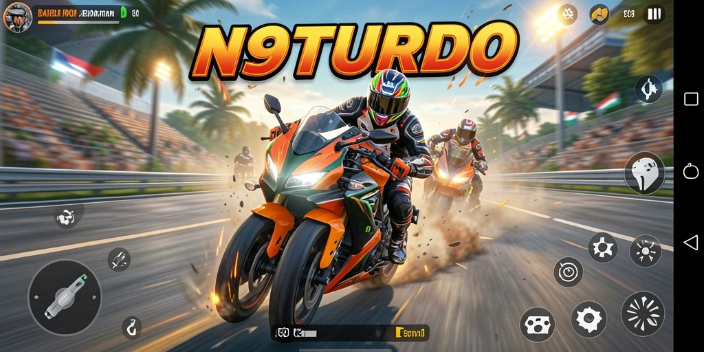Screenshot N9TURBO menampilkan aksi balapan motor yang menegangkan.