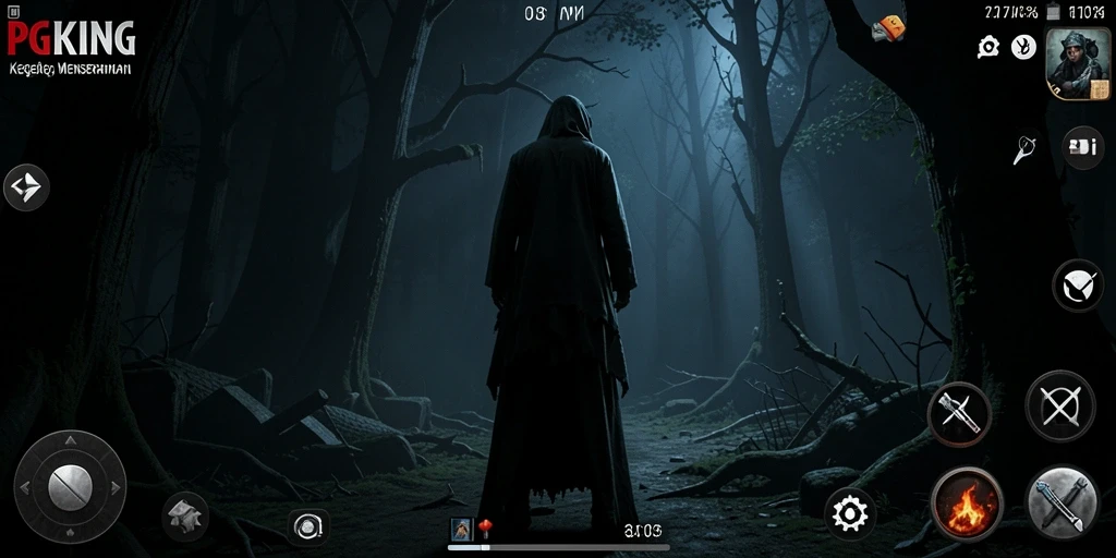 Menampilkan gameplay menyeramkan PGKING dengan suasana kegelapan.
