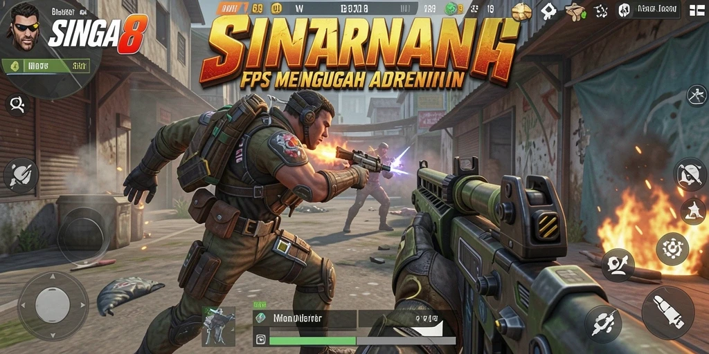 Screenshot utama SINGA8 menampilkan aksi gameplay FPS yang mendebarkan.