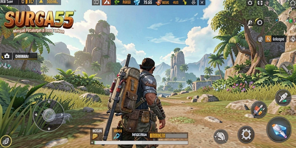 Tangkapan layar gameplay yang menunjukkan keindahan dunia terbuka SURGA55.